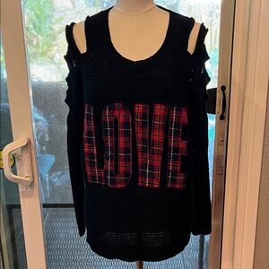 Forever 21 Black Knit Top with Red Plaid Love Graphic